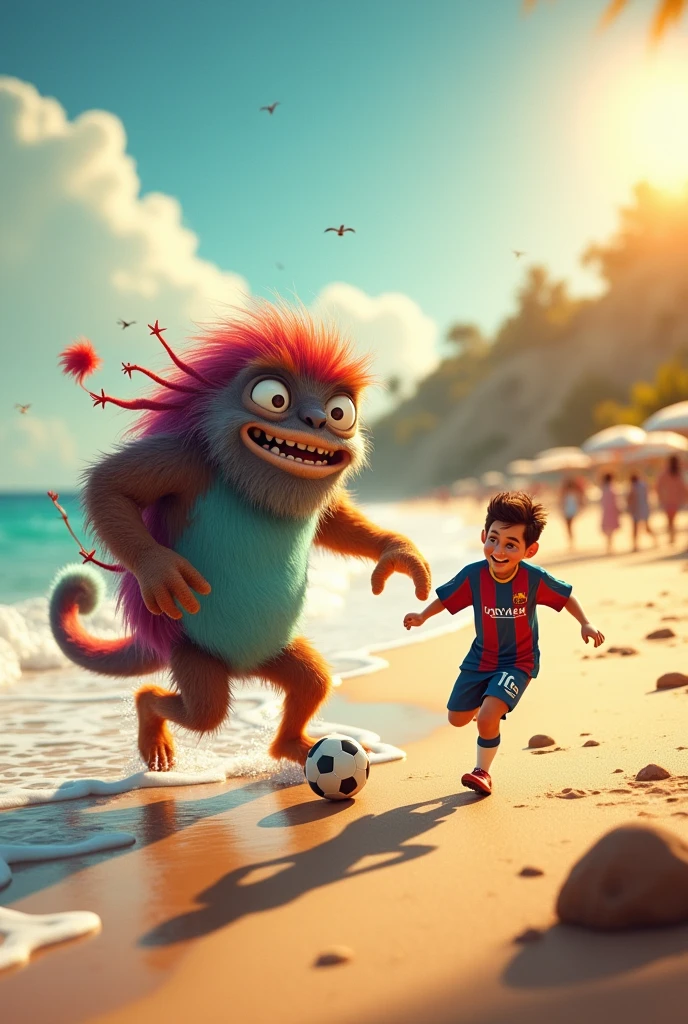 Generates an image of a friendly monster playing soccer with Messi on the beach shore
