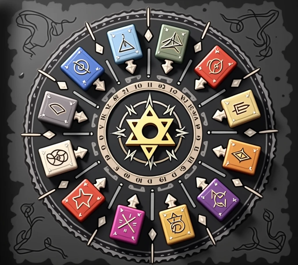 Help me draw thirteen squares with mysterious symbols on them,