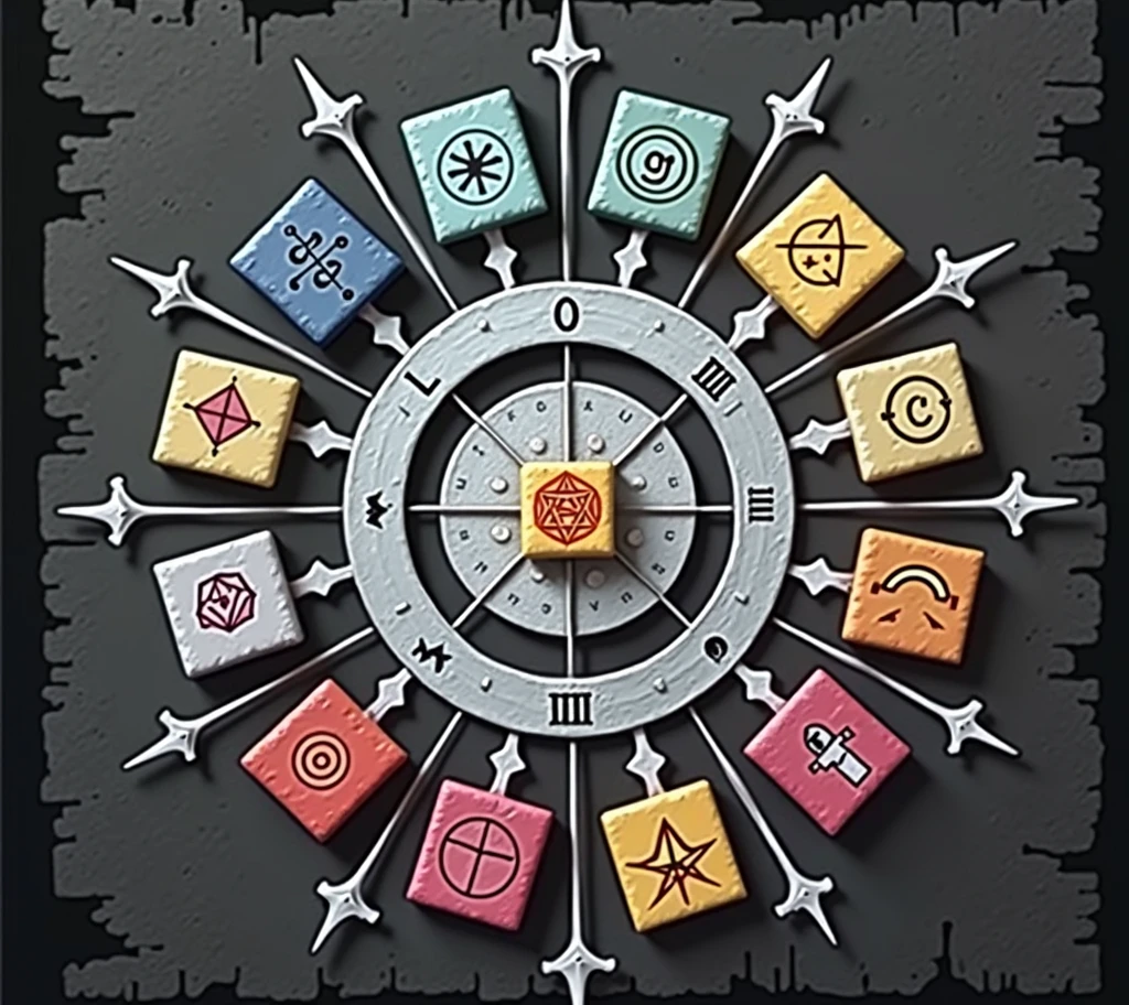 Help me draw thirteen squares with mysterious symbols on them,