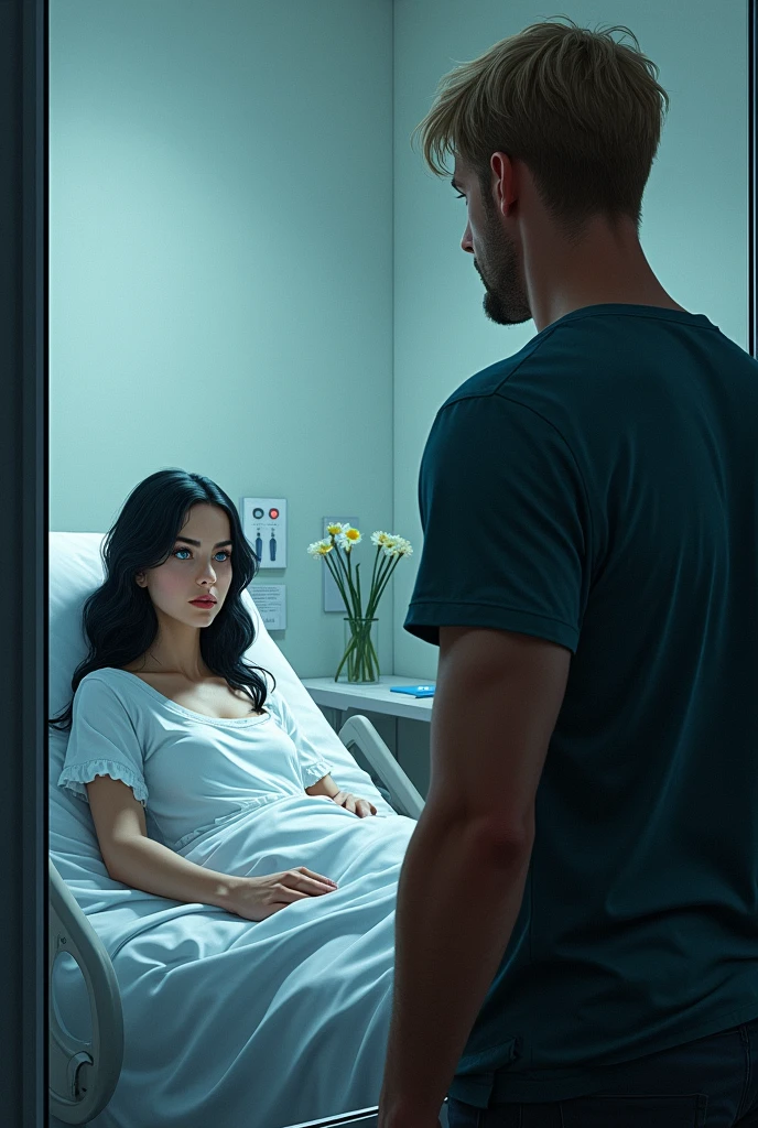 A dark blond man, tall and strong looking through a glass of a hospital room at a blue-eyed, black-haired woman lying in bed in her room