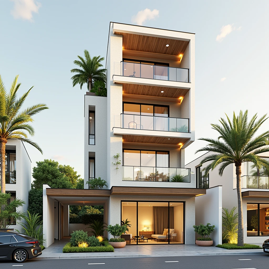 maison de ville moderne sur rue, (sun set), arbre tropical, couleur vive, paysages de rue, white tone, white wall, Large glass door, (Warm interior lighting:1.2), wood and marble, best quality, 18ArchiAI_VL-v1