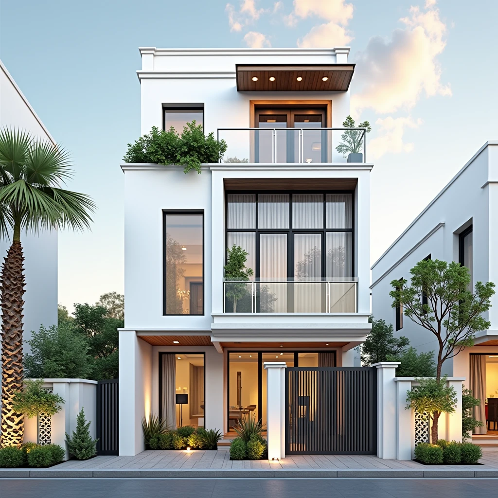 maison de ville moderne sur rue, (sun set), arbre tropical, couleur vive, paysages de rue, white tone, white wall, Large glass door, (Warm interior lighting:1.2), wood and marble, best quality, 18ArchiAI_VL-v1