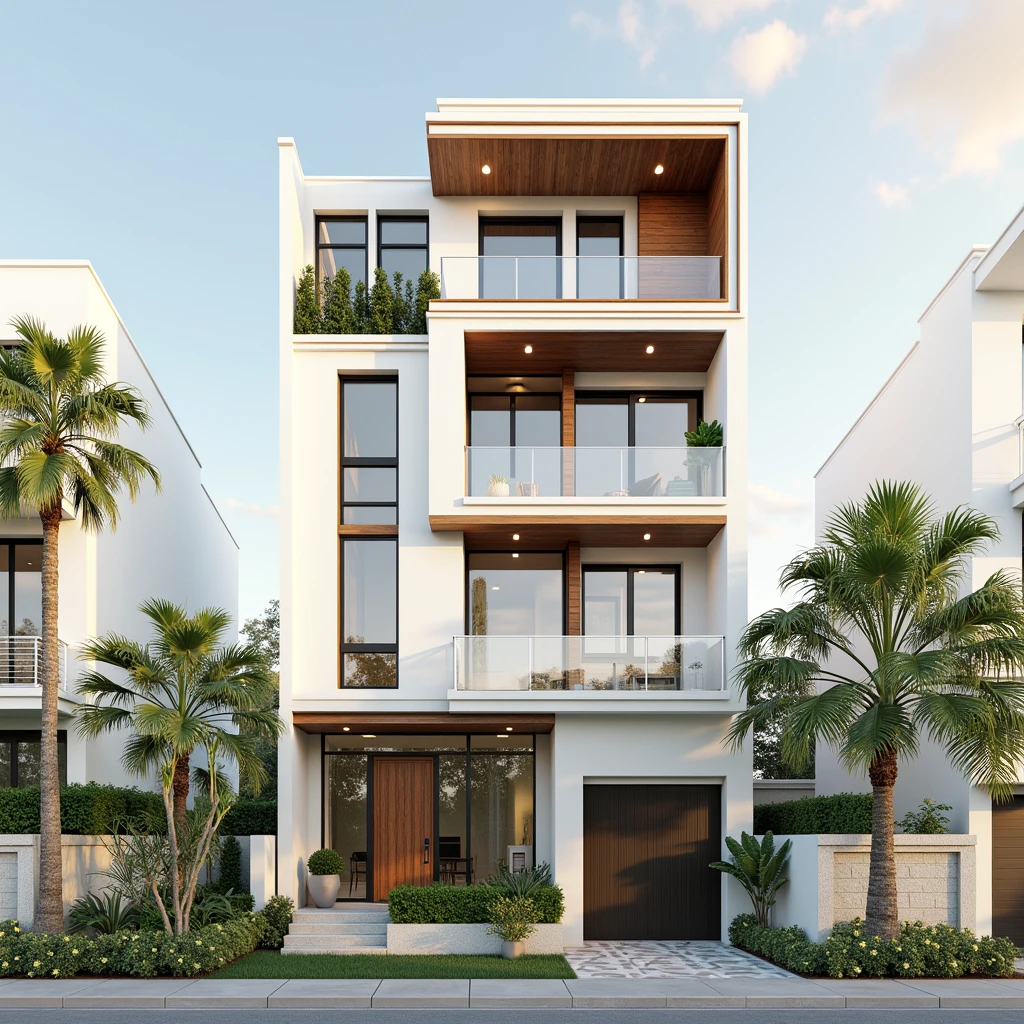 maison de ville moderne sur rue, (sun set), arbre tropical, couleur vive, paysages de rue, white tone, white wall, Large glass door, (Warm interior lighting:1.2), wood and marble, best quality, 18ArchiAI_VL-v1