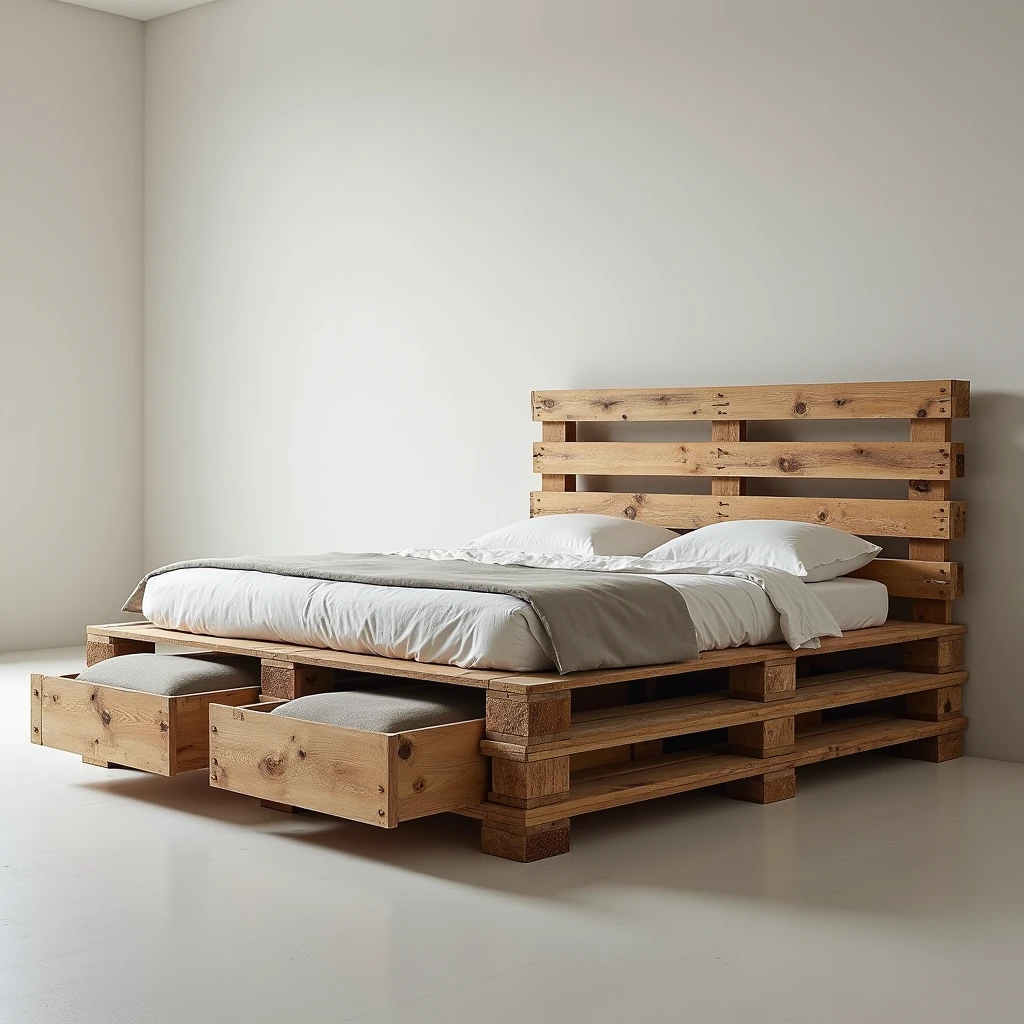e: Create an image of a modern, stylish bed frame made from pallets with built-in storage drawers and a sleek headboard. Include the text title “Sleep & Store in Style” on the image in a contemporary, readable font.