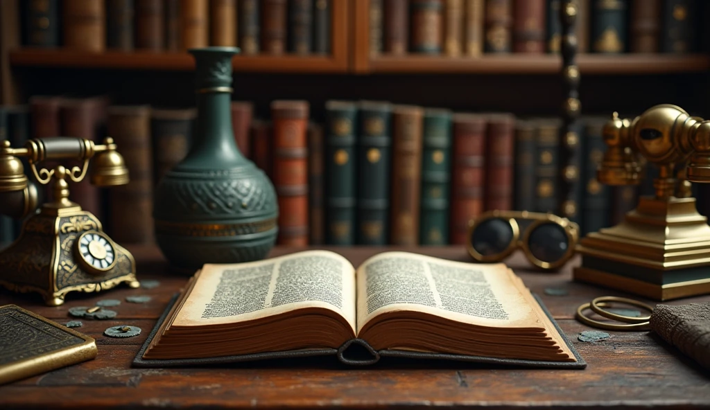 There is a closed old book and some vintage items on both sides of the table.,Vintage telephone、magnifier、Glasses and other vintage items,Keep the middle of the desk blank 、Alchemist's Library Background, Magic Library, Exquisitely detailed miniature model, ancient library, Detailed scenery —width 672, High Detail photo, Small Library, Fantasy Alchemist's Laboratory, High Detail), gothic library, Ultra-detailed pictures, The wizard's apothecary, Gothic Epic Library, Magician's Chamber,Warm light atmosphere