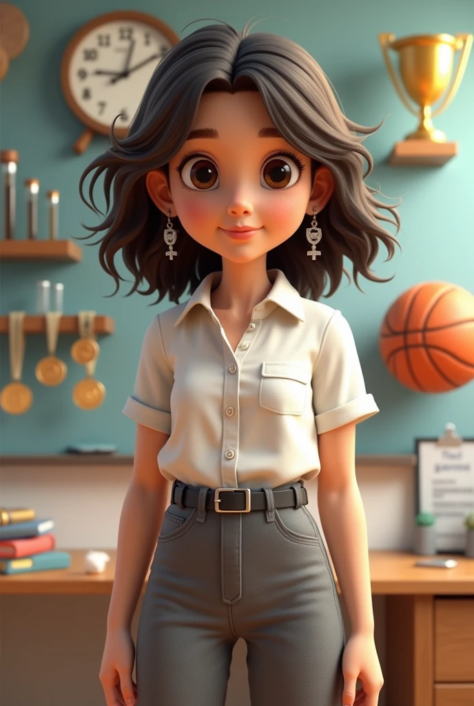 teenager, with dark brown hair, dark brown eyes, wavy hair somewhat curly, Shoulder-length hair cut in layers, parted almost in the middle but not completely in the middle, somewhat disheveled, without bangs but with strands around the face, not so skinny, White skin, 1.65cm tall, not so skinny pero tampoco gorda, somewhat round face, small nose and mouth, eyes not a little Chinese but big. Include in the background something related to excel the logo, basketball, programming, test tubes or a periodic table of chemistry, and win medals or competitions. cheered up. CLOTHES: grey formal dress pants, button down dress blouse, black belt, Small hoop earrings with a silver-plated hanging cross and silver-plated rings. that looks young, study high school. not anime style. Make it animated something 3D. Strike a more casual pose. Keep what I asked for in the background. not so thin. More disheveled, a more adolescent air. a little more disheveled, pointed tips. simple smile, front view. Hair touching shoulders.