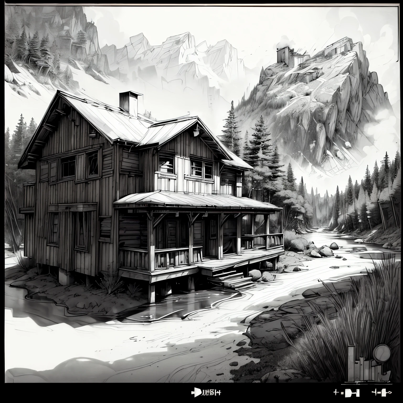 (A black and white coloring book:1.5) alpine cabin, two story wooden cabin, pine trees all around, river running in front. mountain backdrop. no shading, simplification.