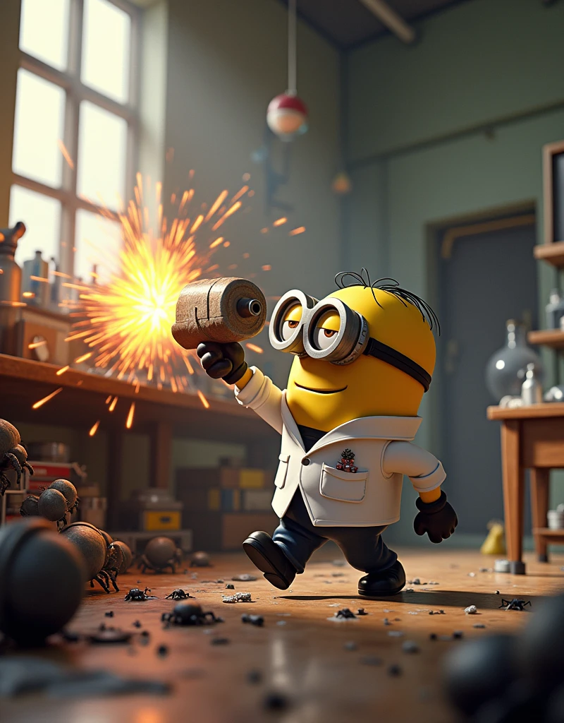 Minion Kevin wearing a scientist suit pushes a large machine towards the spiders, create a small explosion. The lab was in chaos with equipment scattered everywhere.. Kevin is highly focused., quickly worked on the lab bench to complete his weapon.