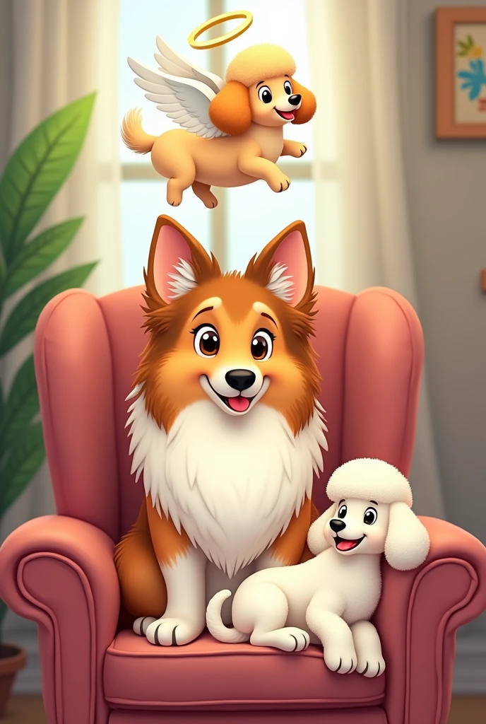 Create a cartoon An adult female Collie breed (long hair and pointed nose) light brown and white; sitting on an armchair, Next to her a small white toy poodle dog lying down. And above them a beige poodle dog with wings and an angel halo