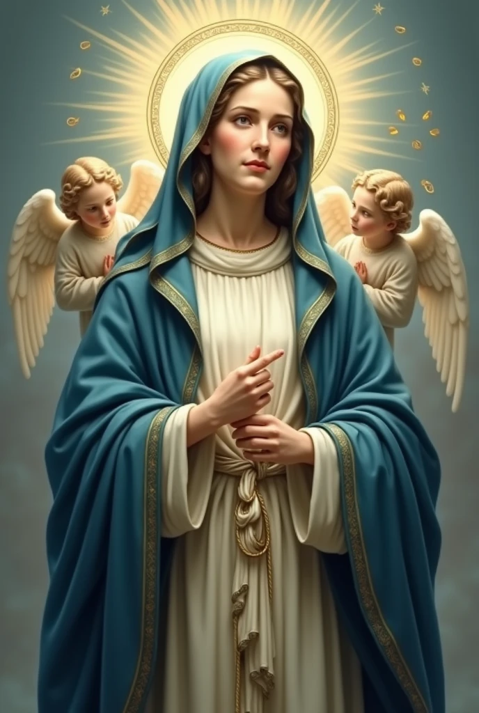 Create three more high-definition images of Our Lady Undoer of Knots, presenting it in a traditional artistic style. Mary must be represented with a serene and maternal expression, with a deep blue cloak and a white tunic. Your eyes should convey compassion and wisdom. The image should include subtle details, like a white and gold sash or ribbon, that she is holding or that is being undone by her hands, symbolizing the action of untying the knots. The cloth of Mary&#39;s garment should have a soft shine, reflecting heavenly light. Ao fundo, a halo of soft, golden light should emanate, creating an aura of holiness and peace around Mary. The background should be a soft gradient of blue and gold tones., evoking a sense of serenity and divinity, with two angels around him. Add subtle decorative elements, like small symbols of ropes or undone knots integrated into the background. Include refined details, like delicate textures in the garments and a serene expression on Mary&#39;s face. Make sure the image is of high quality and resolution., with special attention to detail and clarity."