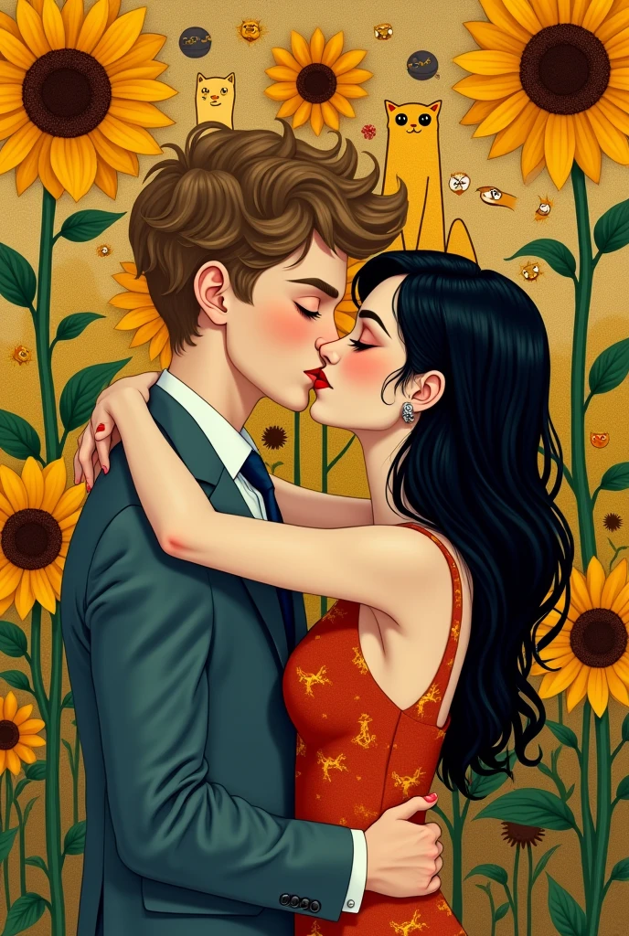 The painting The Kiss by the painter Gustav Klimt but with a boy with light brown hair, a little bit cheesy, with curly hair tall white skinny, Beautiful, 20 years old white girl with long black hair, cut in layers and thick lips, short in stature, with eyes closed and cats and sunflowers South Park cartoon style 
