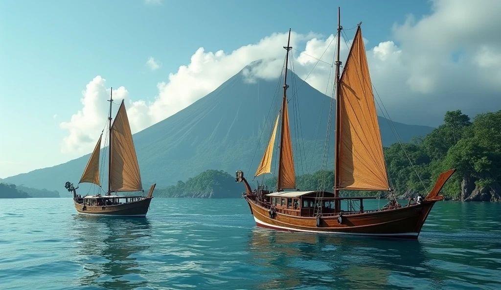 Ancient Ternate island, Maluku, Indonesia, Corcora ships with outrigger, hyper realistic, masterpiece, best quality, ultra-detailed, UHD, 64K