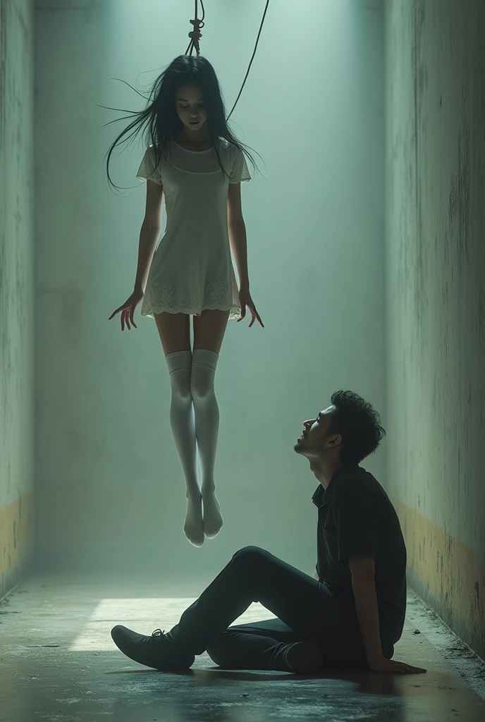 Scene of girl in white thigh high socks hanging herself to death ,hovering in the air , a man sitting on the ground in panic 