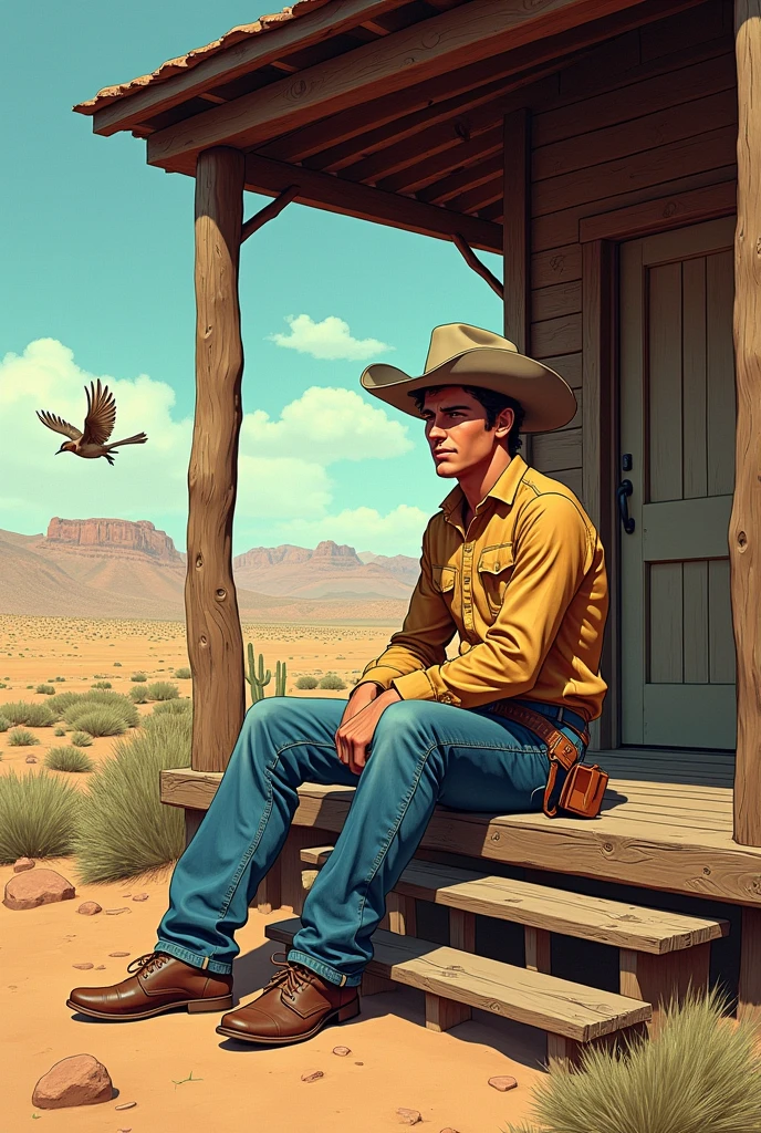 Hyperrealistic color comic 1950s a young cowboy sits on the ranch porch in the desert a lark flies around him