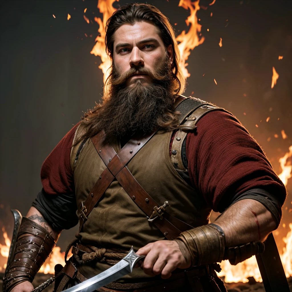 photo hyper realistic, wounded medieval warrior, Large Beard, handsome man, without armor, one hand on the elbow and the other holding a medieval European sword, in the background a field in flames with trebuchets and bodies in the distance, a closed eye with a vertical cut, several injuries on the body, rich in detail, italian traits