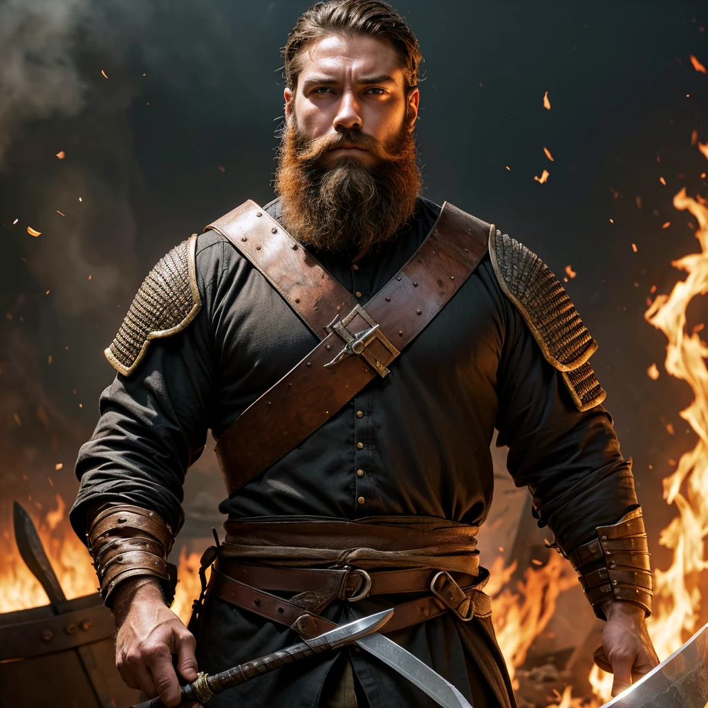 photo hyper realistic, wounded medieval warrior, Large Beard, handsome man, without armor, one hand on the elbow and the other holding a medieval European sword, in the background a field in flames with trebuchets and bodies in the distance, a closed eye with a vertical cut, several injuries on the body, rich in detail, italian traits