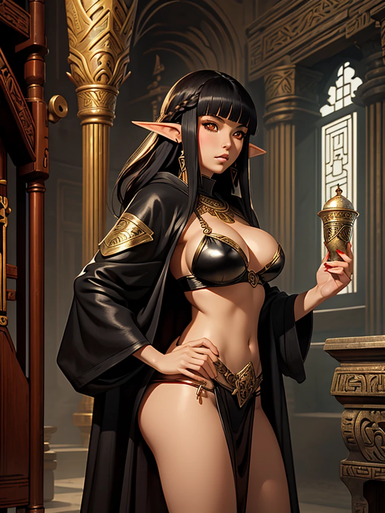 Luis royo style beautiful busty Asian elf woman tattoo sheer black and red leather micro Egyptian priestess robes short bangs braided blonde hair white gold