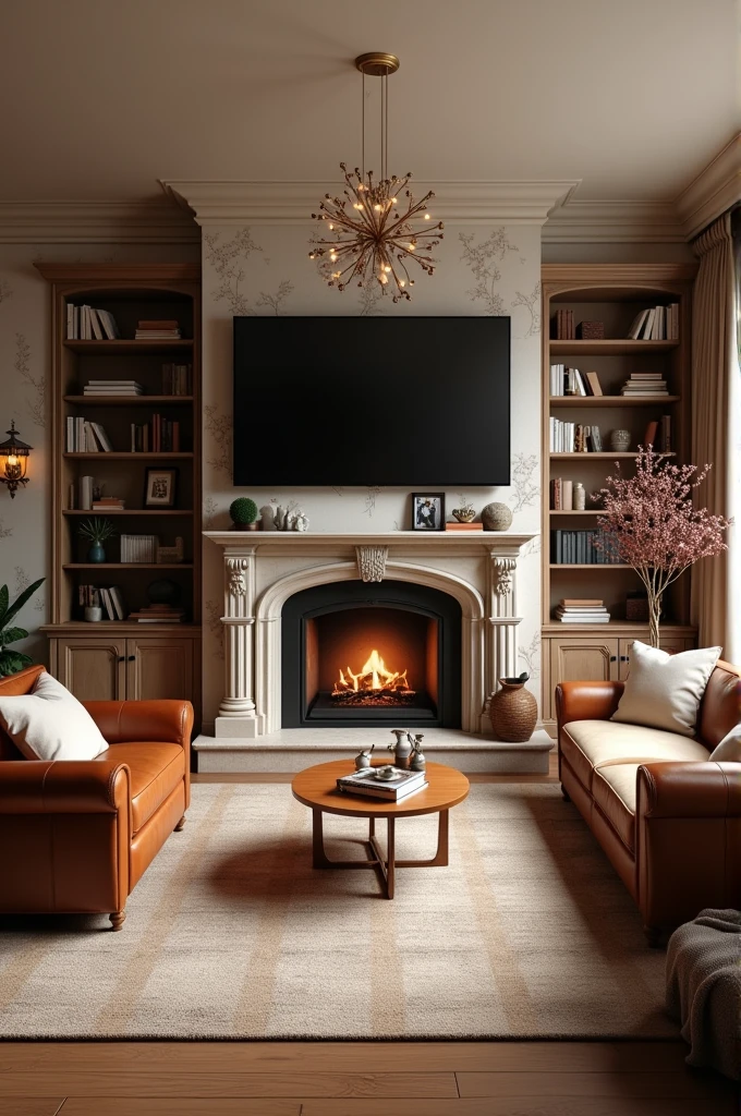 A beautiful living room with leather armchairs and neutral lighting, a chimney,has a flowery wallpaper, a small coffee table, a huge television to watch movies with the family and a bookshelf with books