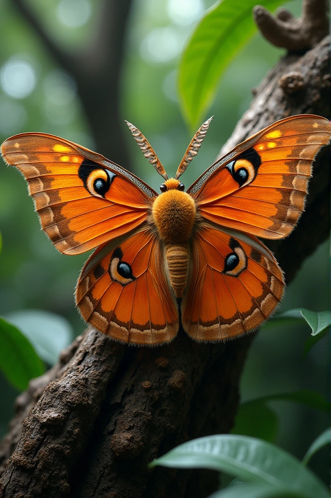    "Generate a detailed and lifelike image of an Atlas Moth in a natural setting. Highlight its large size and striking orange and brown patterns, with the moth resting on a tree or foliage."
