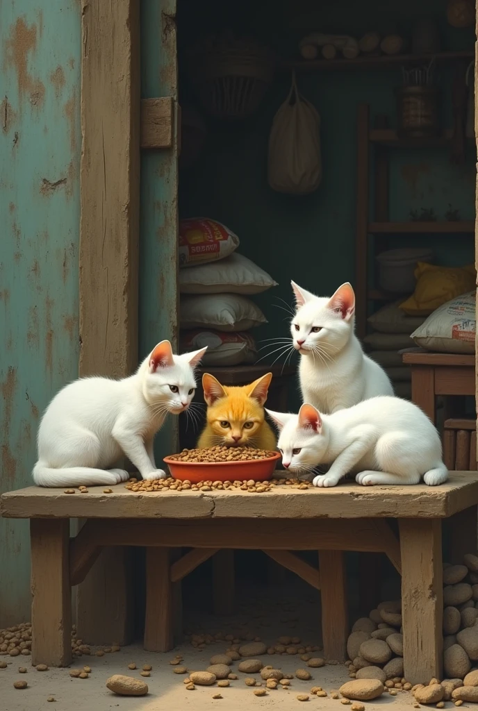 Four white cats of different sizes eating cat food next to yellow cat in poor house, There are bags of cat food on the table