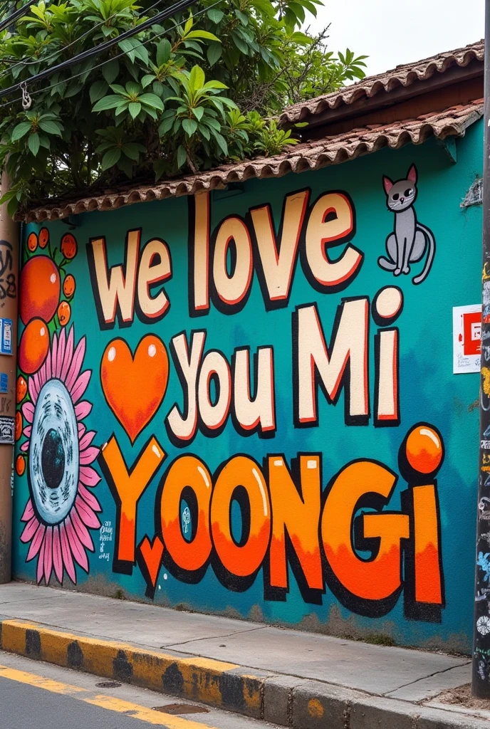 image of a wall on a street in Brazil with graffiti writing on the wall saying &#39;we love you Mi Yoongi&#39; and a tangerine and a cat drawing on the wall.