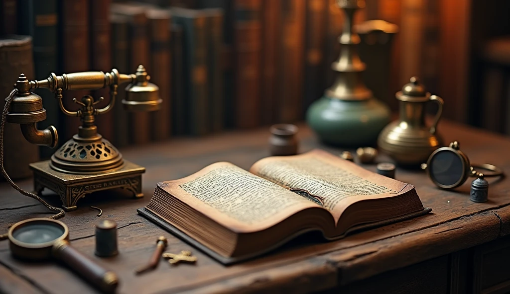 There is a closed old book on both sides of the table. You can see the worn cover and some vintage items.,Vintage telephone、magnifier、Glasses and other vintage items,Keep the middle of the desk blank 、Alchemist's Library Background, Magic Library, Exquisitely detailed miniature model, ancient library, Detailed scenery —width 672, High Detail photo, Small Library, Fantasy Alchemist's Laboratory, High Detail), gothic library, Ultra-detailed pictures, The wizard's apothecary, Gothic Epic Library, Magician's Chamber,Warm light atmosphere