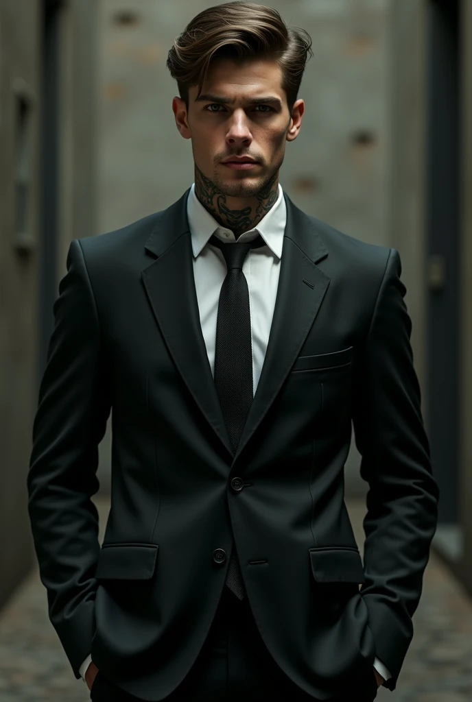 An attractive man, Youngh, mafioso serious look, with hands in pants pockets, using suit, all tattooed
