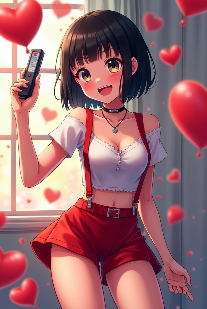4K,one girl, RS. made,slim,very short stature,Very thin hips,blunt bangs,short shirt, half sleeve,Red mini skirt with suspenders,blush, smile, Bobcat, black hair,bright colors, Ahegao,Lots of love juice drips from her thighs onto the floor,(removed_play)),removed-vibrating-egg,((Someone else's hand holding a pink round removed control:1.3))、Ecstatic expression,Accurate and detailed female fingers,