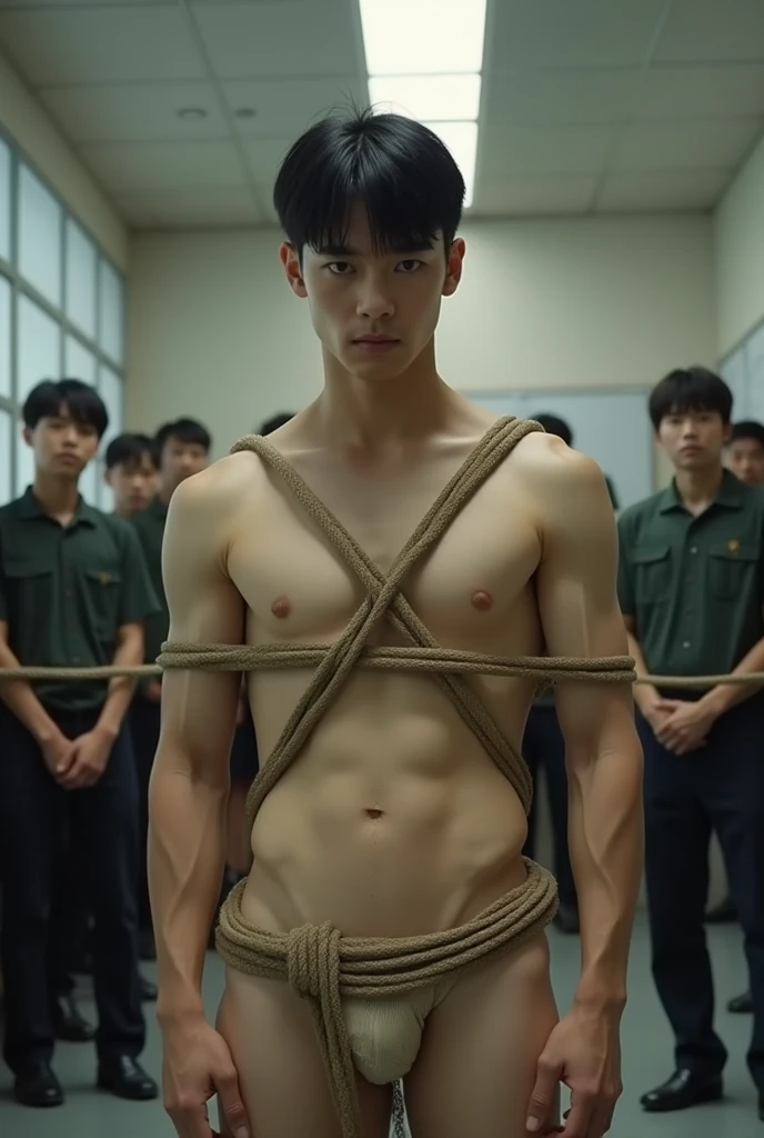 1boy、Handsome Men、Japanese male, 、Completely naked、Full nudity、erection、Huge penis、Highest quality、Realistic、beautiful、Sad look、 ((((Completely tied up with rope)))), ((((A very tight rope is crisscrossed over the chest)))),(((Body bound with tight rope)))、whole body、Surrounded by men and women in uniform、In a school classroom、erection、完全Completely naked、On all fours、Prostration
