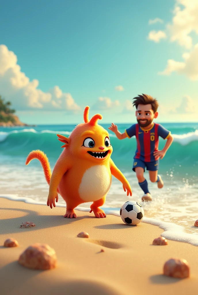 Generates an image of a friendly little monster playing soccer with Messi on the beach