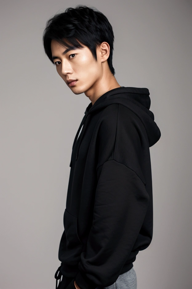 Japanese male wearing a pure black hooded sweatshirt