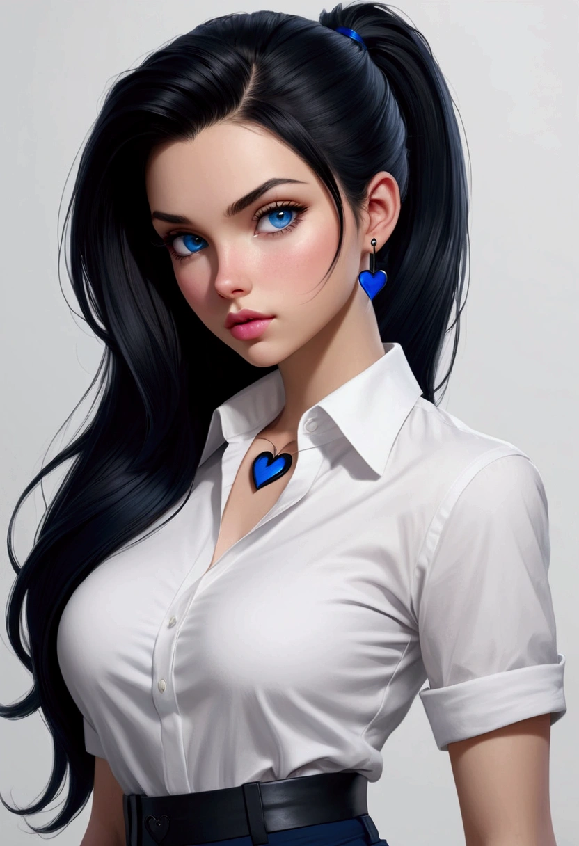 girl, clear skin, light pink lips, dark blue eyes, waist length straight black hair in a ponytail, a white shirt, Black pants, he would be, a blue heart necklace, slim, with a dagger in his hand