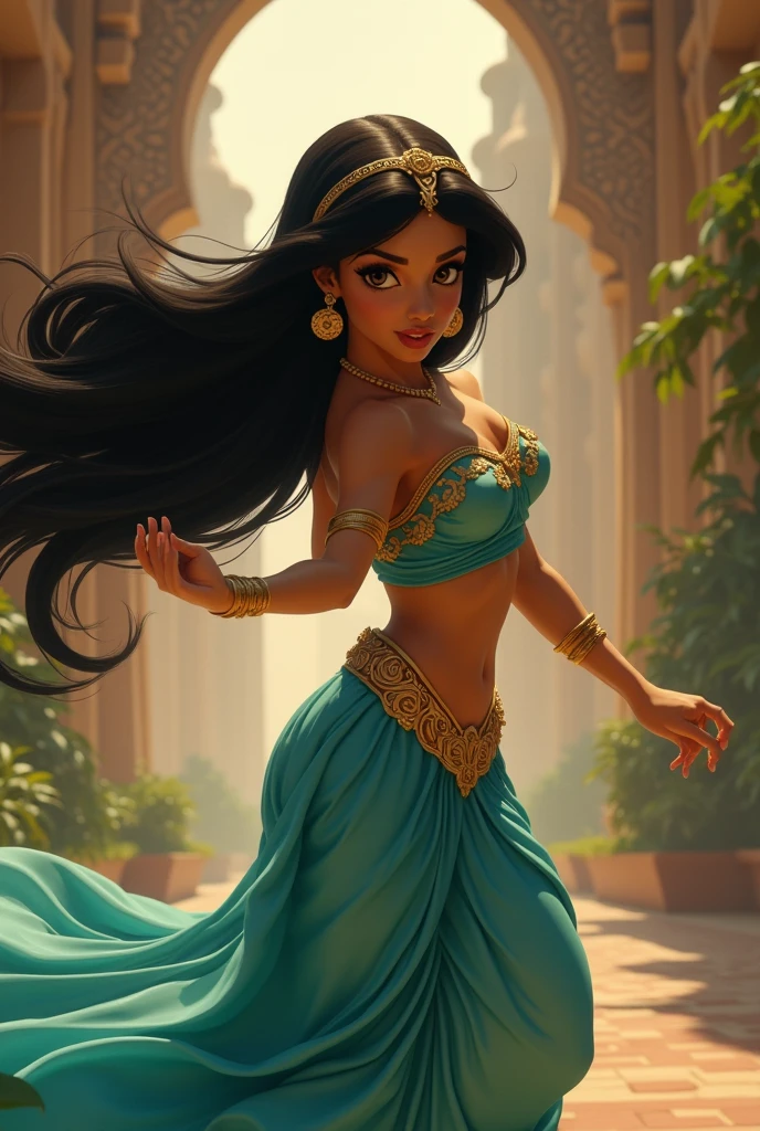 Stunning Princess Jasmine, photo in 8k, in action, cinematic.