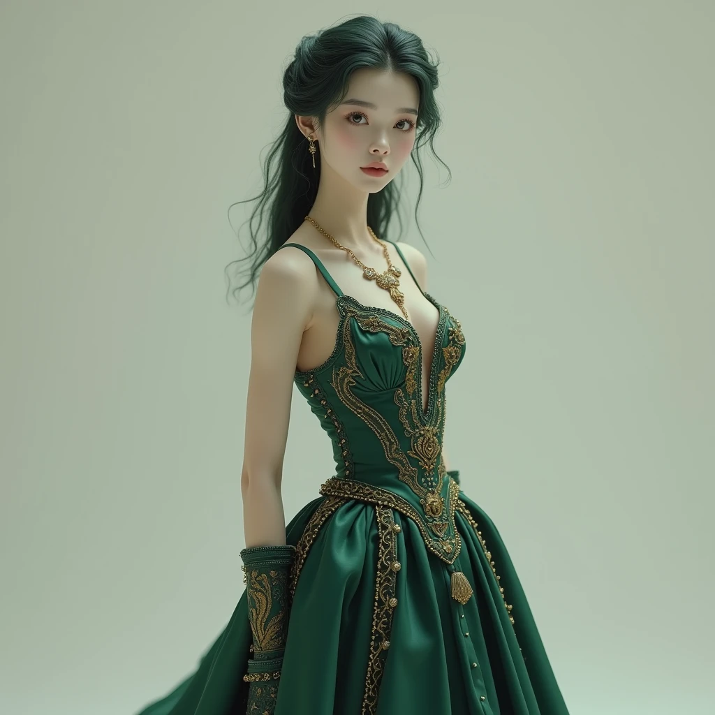 A thin and feminine man, pale skin, of long hair, dark green, picked in a tomato. Wearing an elegant dress and jewelry.