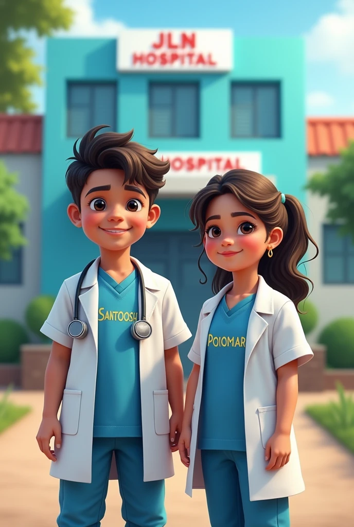 A hospital named JLN Hospital front side a boy Santosh
on t-shirt and a girl Pooja on t shirt are dressed as doctor.