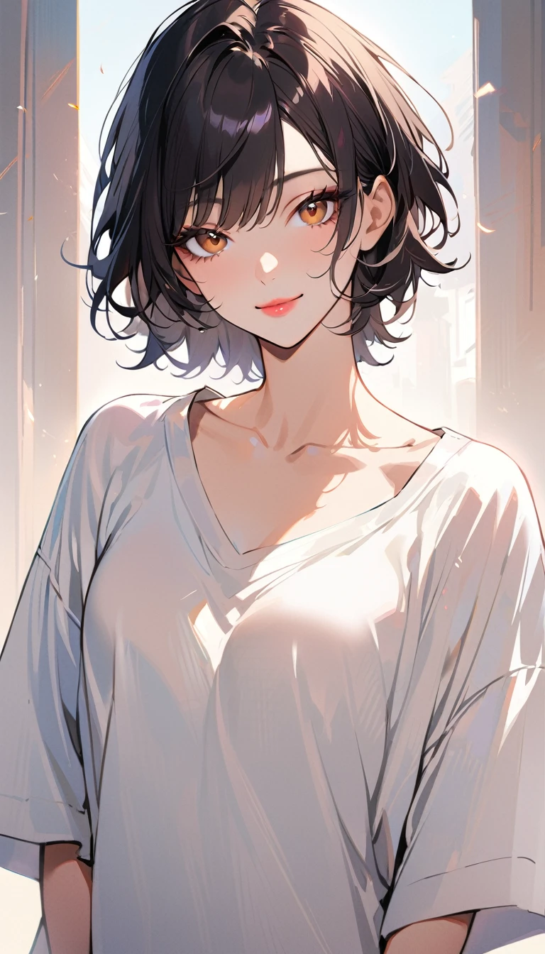 1woman, solo, handsome short hair, black Hair, brown eyes, smile, wear white oversize shirt, pink lips, looking at viewer, light lips, upper body, closed mouth