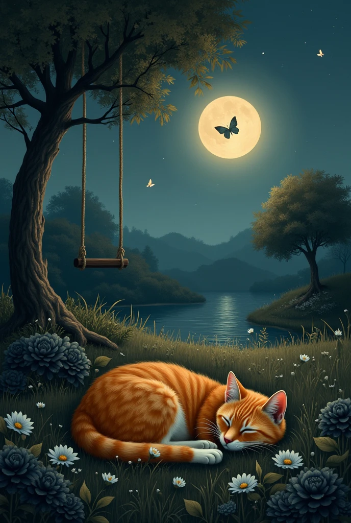 a field at night where there is an orange cat sleeping and black flowers around it and a white butterfly walks around with the few fireflies near the cat, to the light of the Moon, On one side you see a small, old tree with a swing on the tree and next to a pond. Old portrait type with dark colors. realist