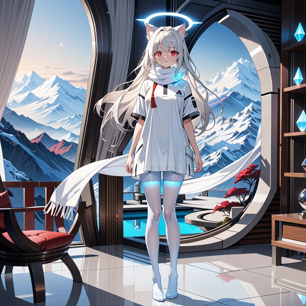 masterpiece, highest quality, highest resolution, clear_image, detailed details, white hair, long hair, 1 girl, cat ears, red eyes, futuristic halo, oversized white polo shirt, white scarf (around the neck withn a light blue glow), white pantyhose, full body, no water marks, in mountain villa
