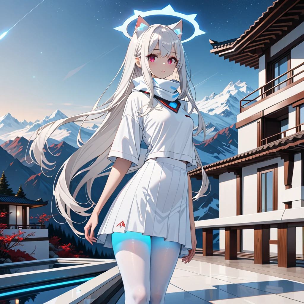 masterpiece, highest quality, highest resolution, clear_image, detailed details, white hair, long hair, 1 girl, cat ears, red eyes, futuristic halo, oversized white polo shirt, white scarf (around the neck withn a light blue glow), white pantyhose, full body, no water marks, in mountain villa