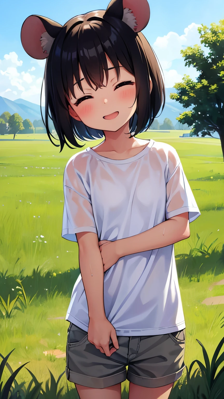 grassland,smile,close your eyes,Small child 1, 1,short hair,Black Hair,blush,White skin,From below,shy,Wet,Please open your mouth wide,Cowboy Shot,Look forward,Mouse Ears,White T-shirt,Olive green shorts,