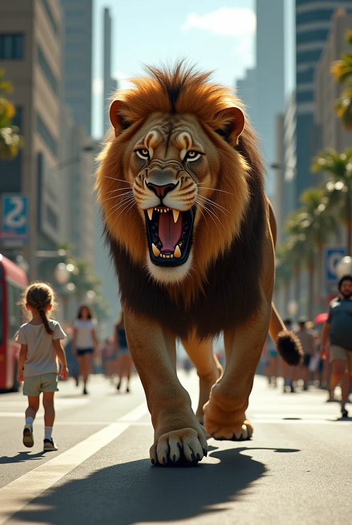 A lion in the city with big teeth walking in street of la with girl 