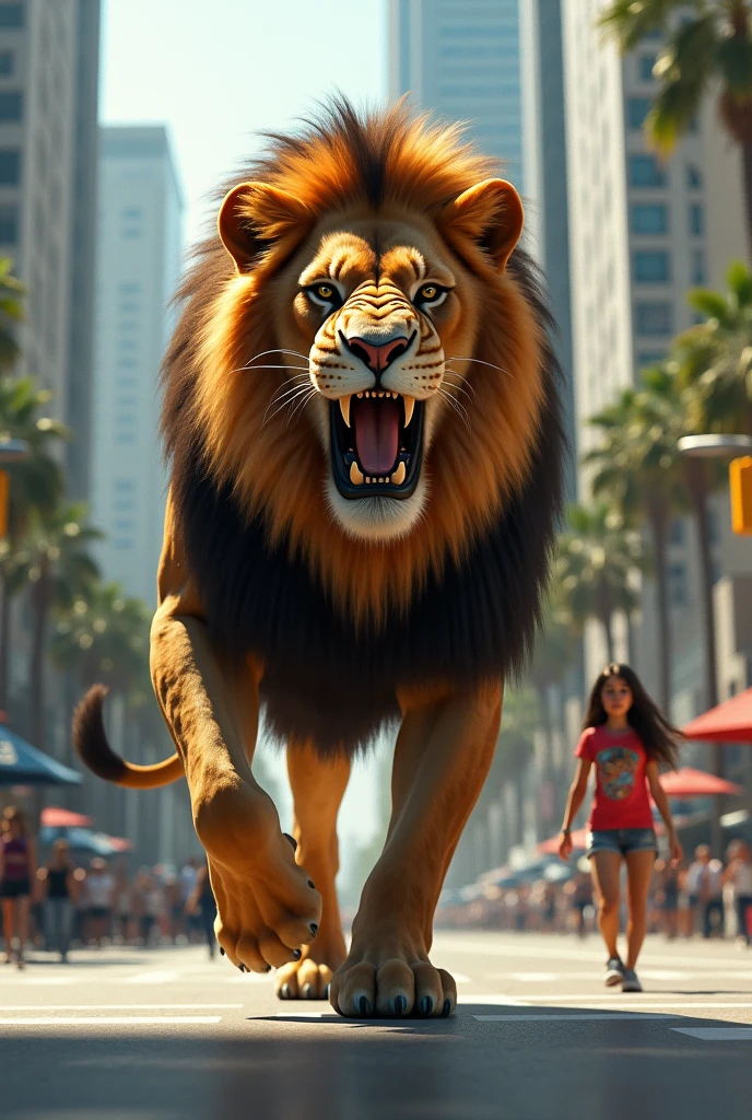 A lion in the city with big teeth walking in street of la with girl