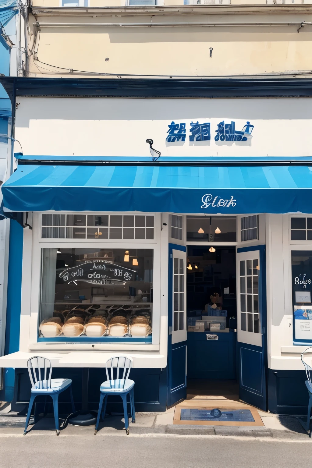 Store design for a milk specialty store based on bright blue, white, and black。 A cute, pop-style French country-style shop for women。 Fresh milk for sale、Soft serve ice cream and milk pudding、A store that also sells milk donuts. It a small restaurant with about 10 seats for eating in. There is also a showcase. one story building.
