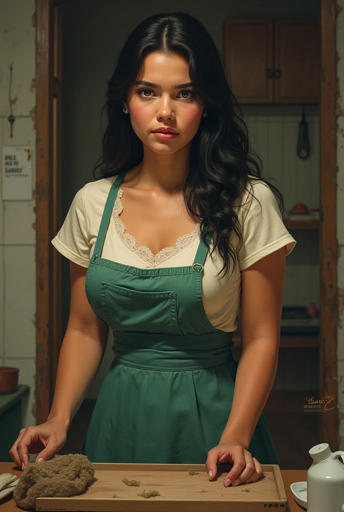 young woman from the 50s who works as a housekeeper, latina mestiza , with big breasts, Semi-robust, Long hair, of simple and poor style