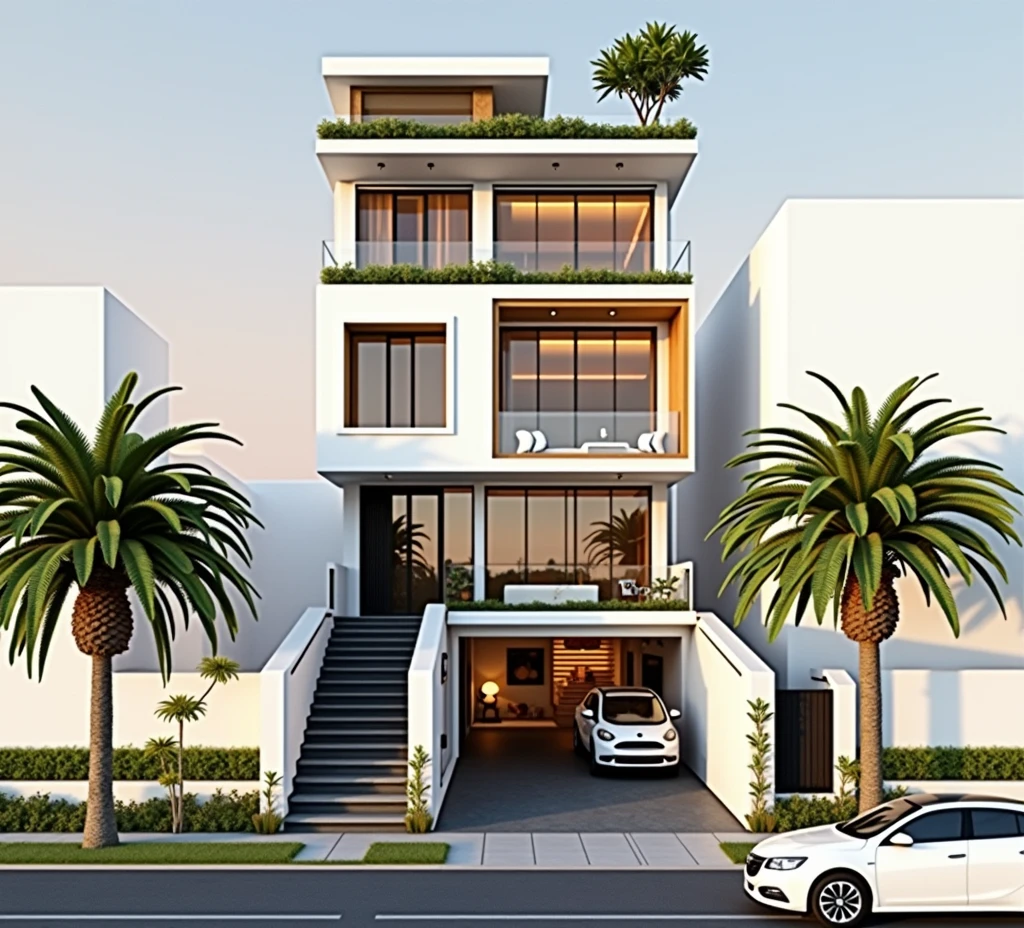 maison de ville moderne sur rue, (sun set), arbre tropical, couleur vive, paysages de rue, white tone, white wall, Large glass door, (Warm interior lighting:1.2), wood and marble, best quality, 18ArchiAI_VL-v1