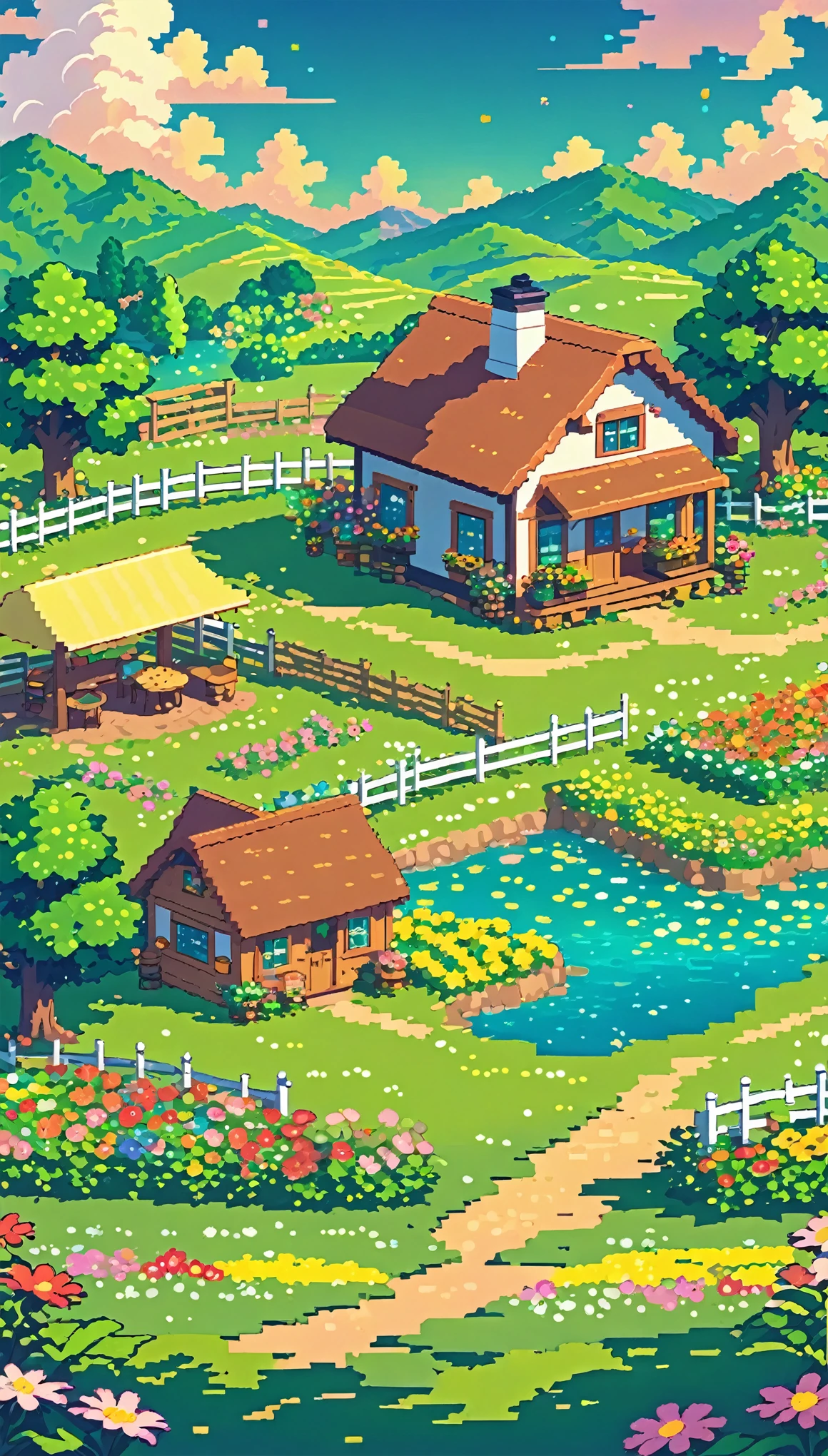 ultrawide landscape lofi stardew valley pixel farm star valley kawaii farm cottagecore, No people