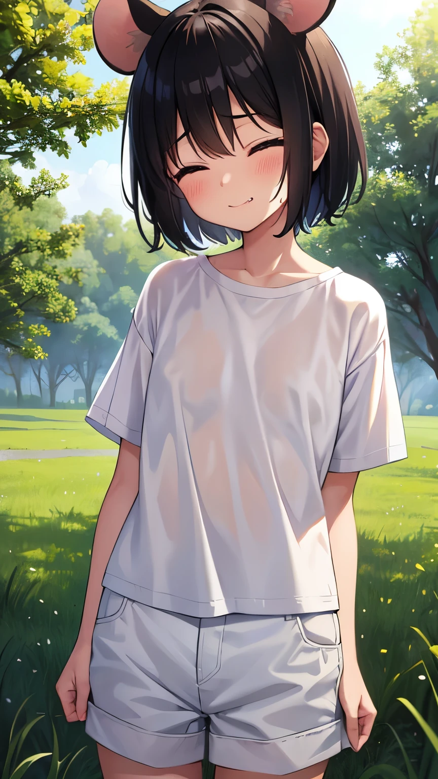 forest,smile,Are standing,close your eyes,1. small ,short hair,Black Hair,blush,White T-shirt,Olive green shorts,Brown Sandals,White skin,summer,From below,shy,Sweat,Please open your mouth wide,Wet,Cat ears,Cat&#39;tail,PAW Pose,