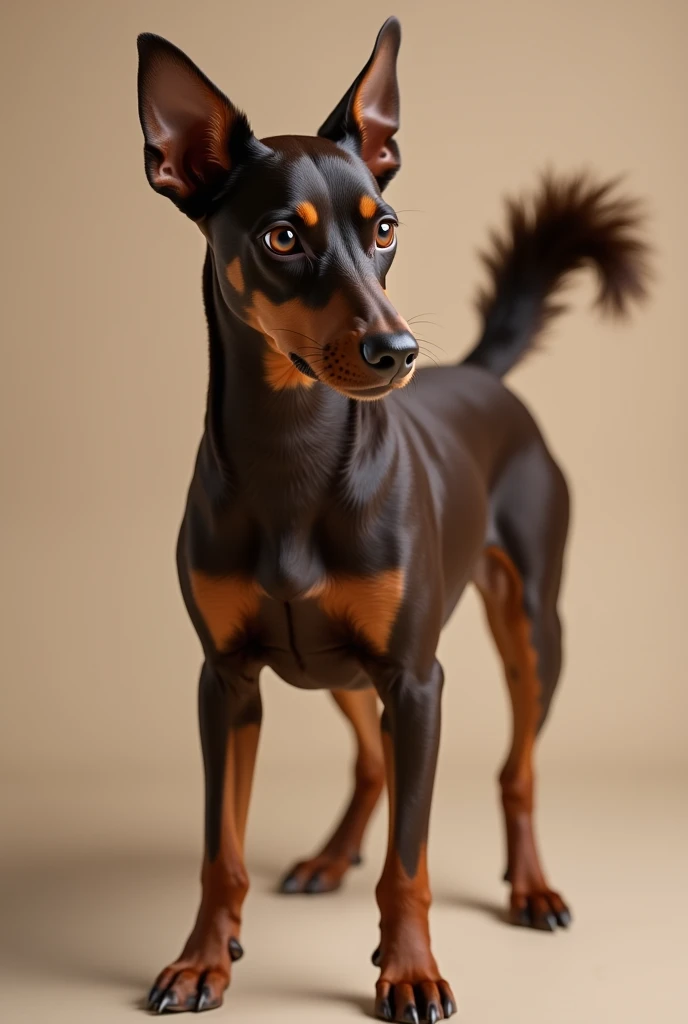 A chocolate-colored Pinscher female dog, brown eyes, erect ears, elegant bearing, wavy tail
