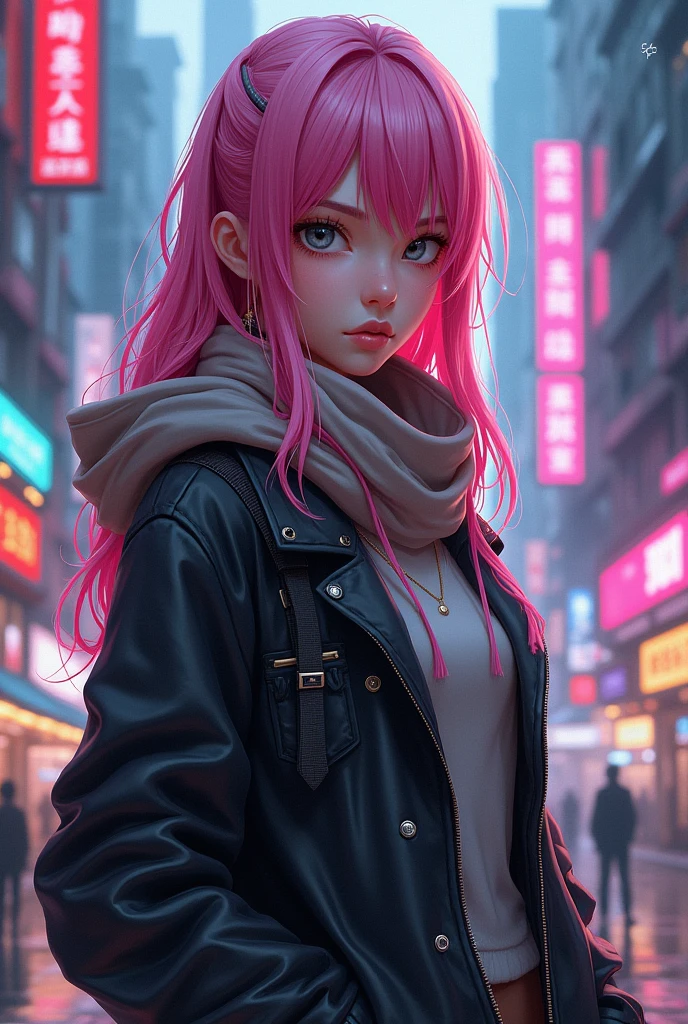 1girl, long pink hair,gray eyes,mygo,chihaya anon, wearing jacket, scarf, cyberpunk city, looking at viewer with a cold look, masterpiece, latest, vibrant color ,Va 11 hall a