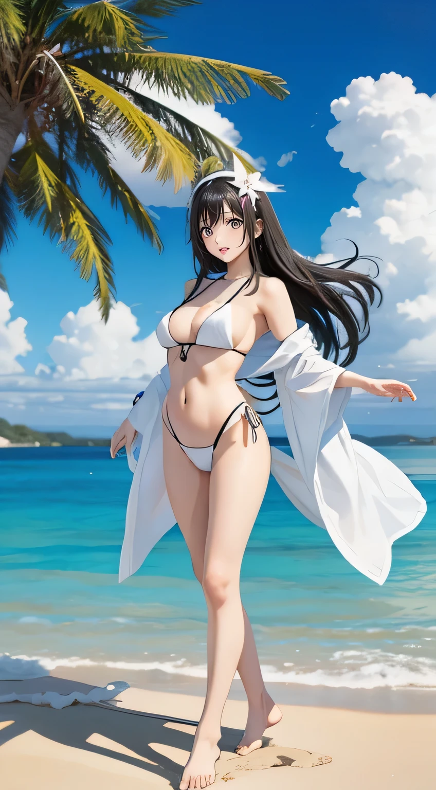 Full body shot of a Japanese idol with long black hair, (ample breasts) in a simple (white bikini swimsuit), standing on a white sandy beach. Her long black hair is blowing in the wind. No jewelry worn. Ocean visible in the background.